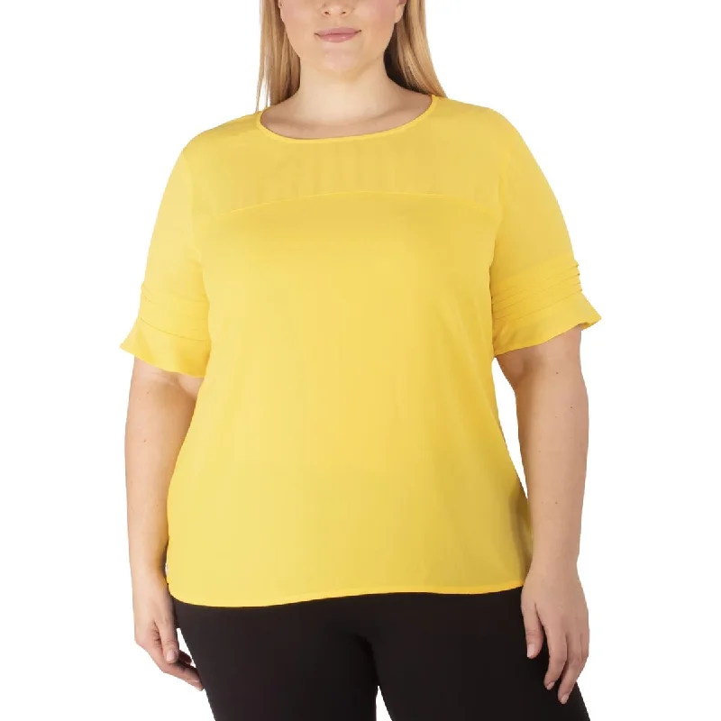 NY Collection Womens Plus Illusion Short Sleeve Blouse Sweetheart Neck Blouse