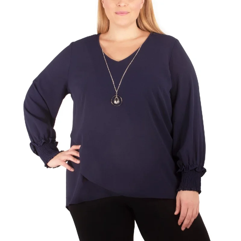 NY Collection Womens Plus V-Neck Long Sleeves Blouse Business Casual Blouse