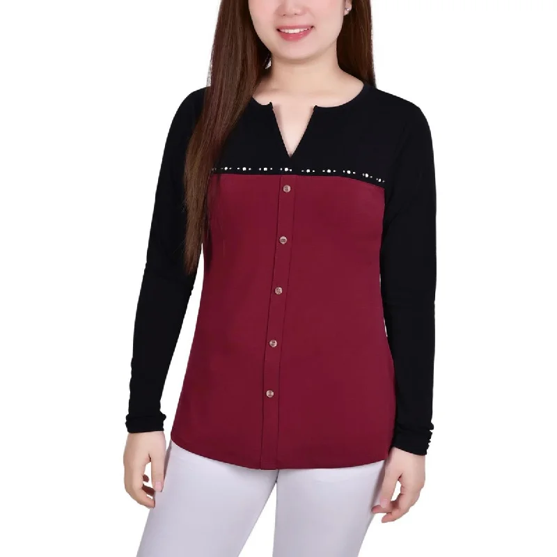 NY Collection Womens Studded Colorblock Blouse Frilled Cuff Blouse