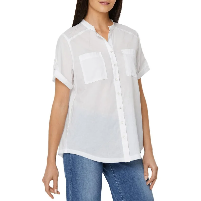 NYDJ Womens Sheer Short Sleeve Blouse Ruffled Neck Blouse