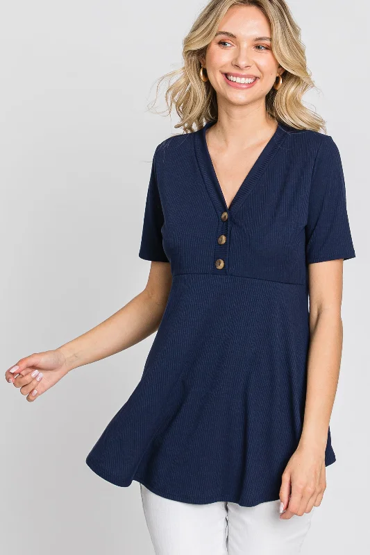 PinkBlush Navy Ribbed Button Accent Blouse Satin Drape Blouse
