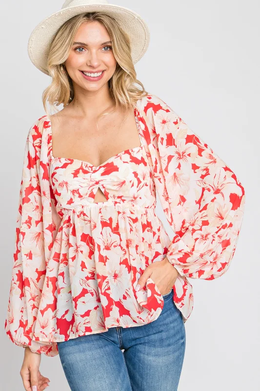 Red Floral Cutout Front Long Sleeve Blouse Casual Stripe Blouse