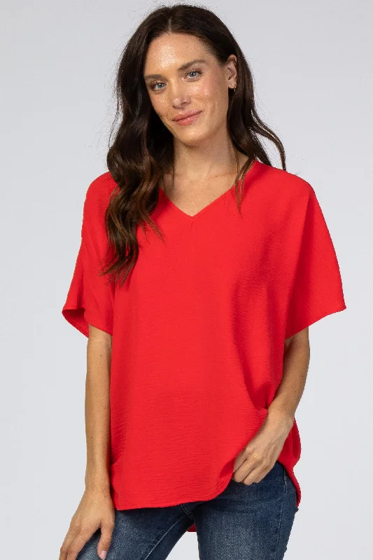 Red Short Sleeve Blouse Feminine Puff Blouse