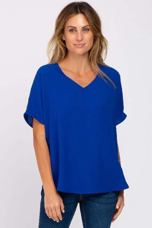 Royal Blue Short Sleeve Blouse Modern Work Blouse