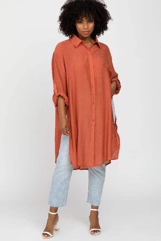 Rust Button Front Side Slit Oversized Blouse Cotton Casual Blouse