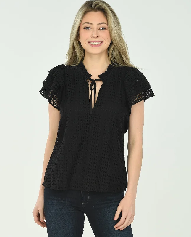 Short Sleeved Lombard Solid Lace Tie Neck Blouse Sleeveless Summer Blouse