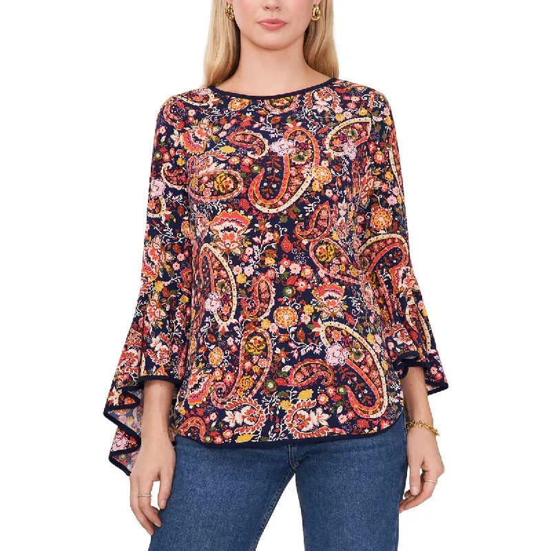 Sam and Jess Womens Petites Bell Sleeve Paisley Blouse Embellished Collar Blouse