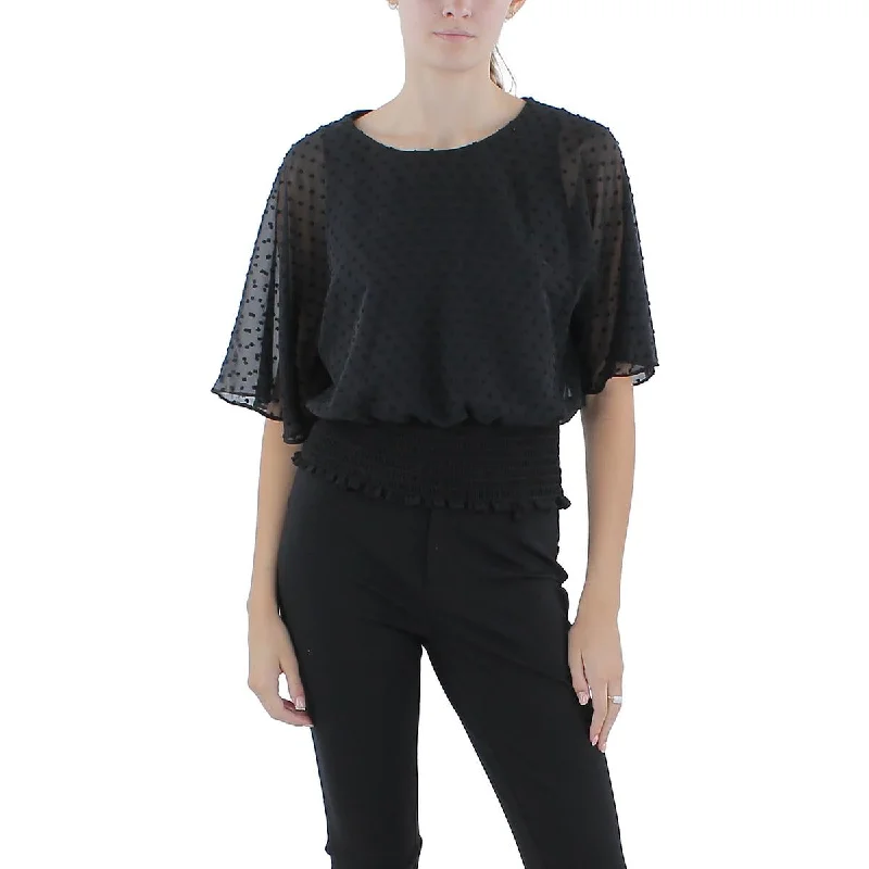 Sam & Jess Womens Petites Smocked Polka Dot Blouse Puff Sleeve Blouse