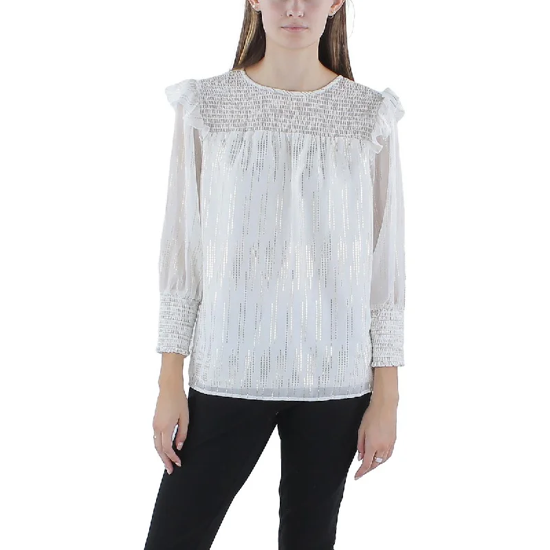Sara Michael Womens Metallic Ruffled Blouse Textured Cotton Blouse