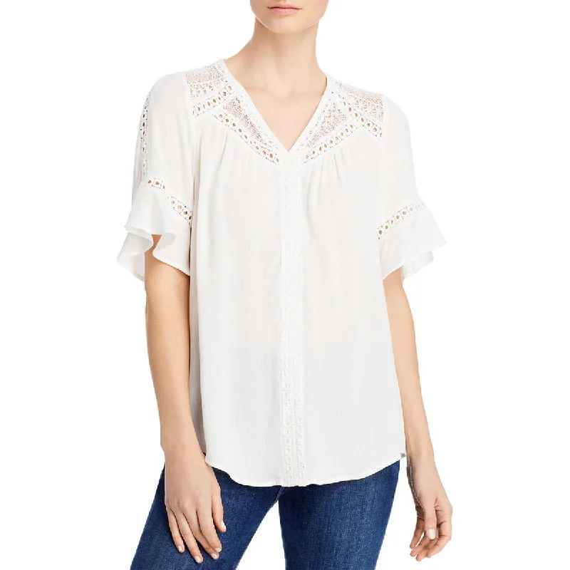 Single Thread Womens Lace Trim V Neck Blouse Pleated Collar Blouse