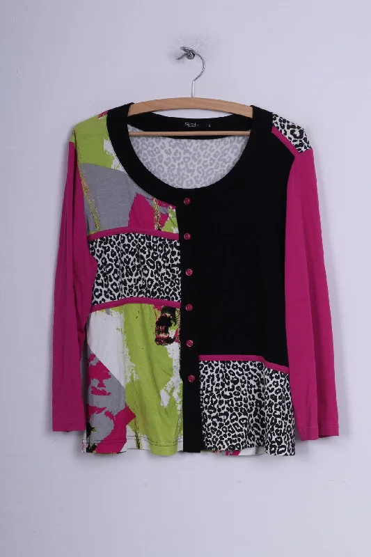 Sol Design Womens 42 L Blouse Button Front Multiprint Black /Pink Long Sleeve Top Backless Summer Blouse
