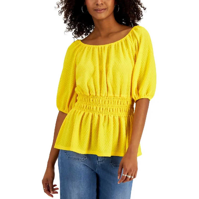 Studio by JPR Womens Waist Peasant Gathered Blouse Textured Cotton Blouse
