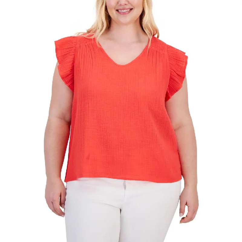 Style & Co. Womens Plus Crinkle Flutter Sleeve Blouse Satin Drape Blouse