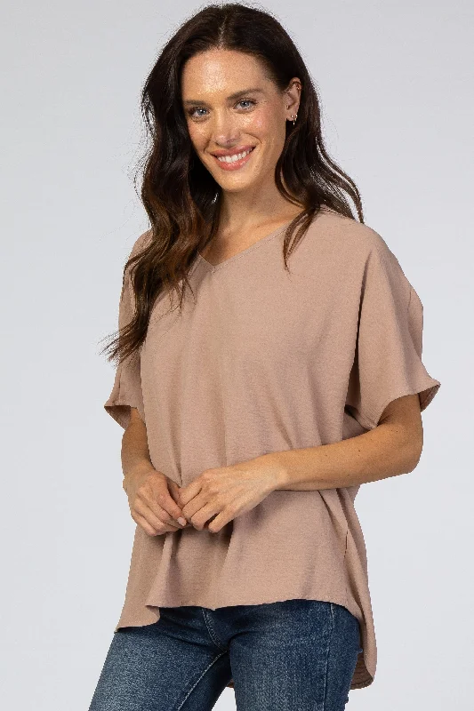 Taupe Short Sleeve Blouse Elegant Lace Blouse