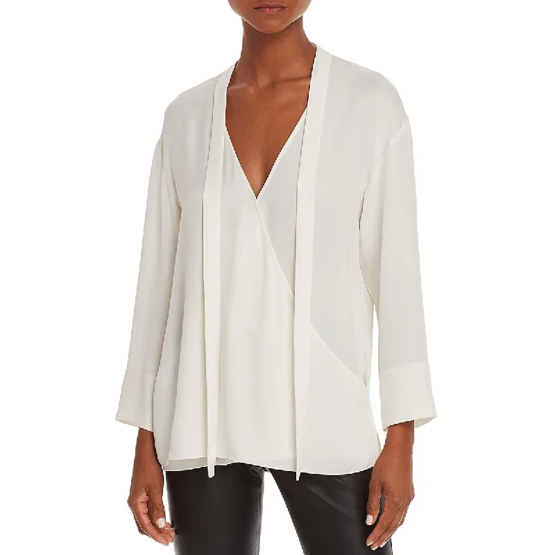 Theory Womens Relaxed Long Sleeves Blouse Wrap Front Blouse