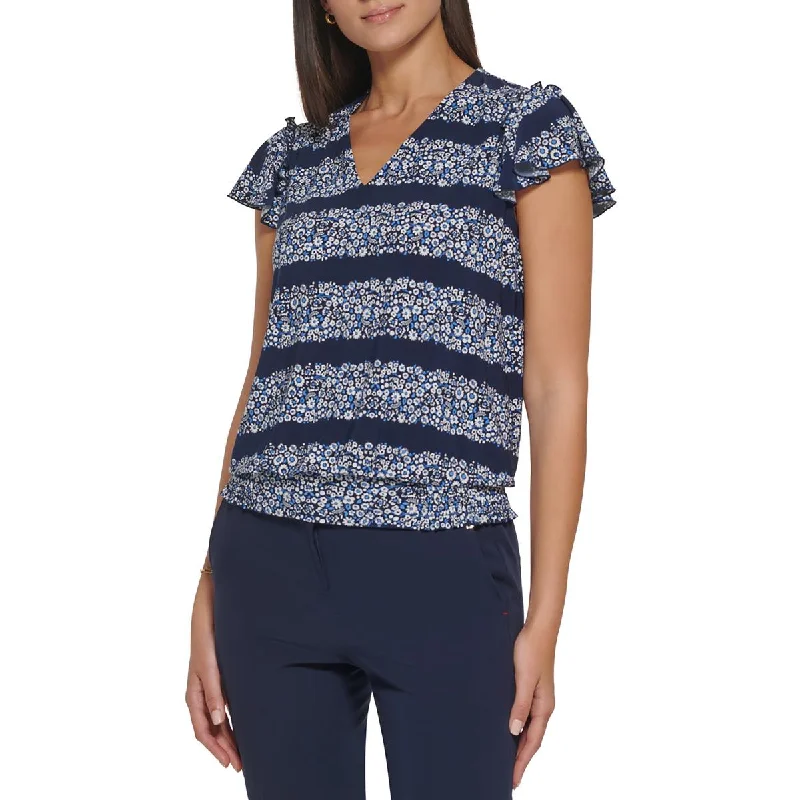 Tommy Hilfiger Womens Floral Print Flutter Sleeve Blouse Feminine Ruffle Blouse