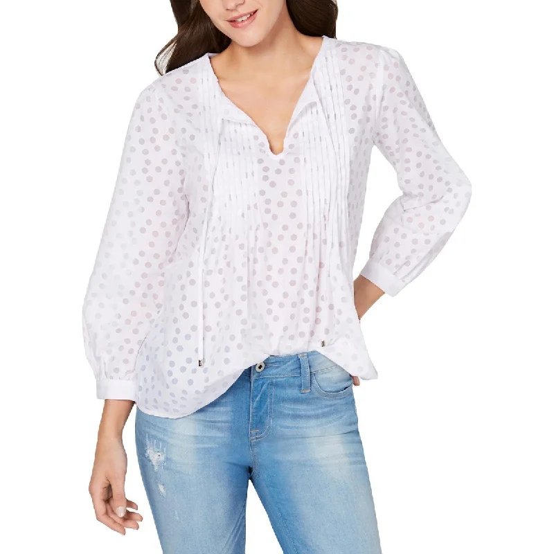 Tommy Hilfiger Womens Pintuck Polka Dot Blouse Versatile Layering Blouse
