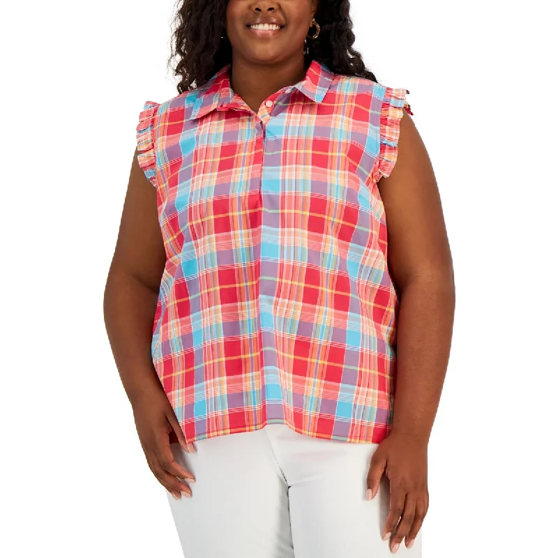 Tommy Hilfiger Womens Plus Ruffle Sleeves Collar Blouse Modern Oversized Blouse