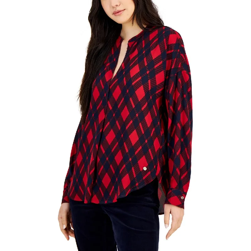 Tommy Hilfiger Womens Printed Split Neck Blouse Stylish Wrap Blouse