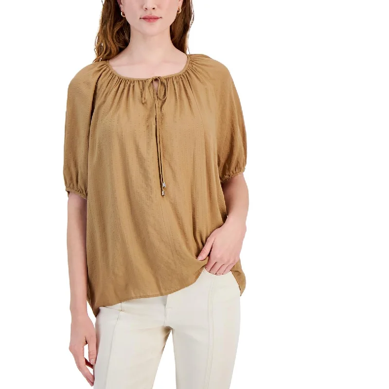 Tommy Hilfiger Womens Fire Island Tie Neck Striped Blouse Double Button Blouse