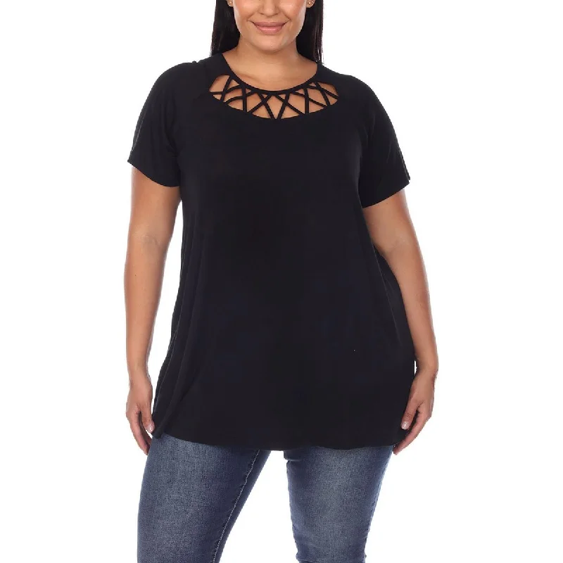 White Mark Womens Plus Cut-Out Round Neck Blouse Lightweight Chiffon Blouse