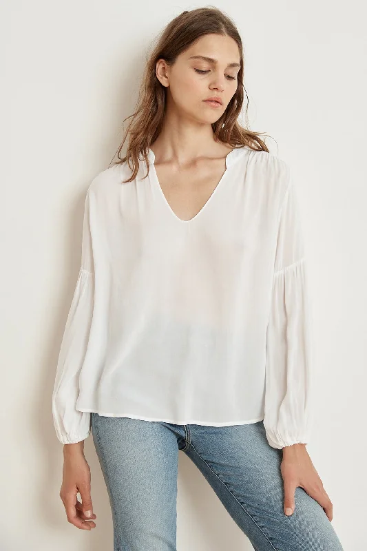 YULIA RAYON CHALLIS PEASANT SLEEVE BLOUSE Delicate Pleat Blouse