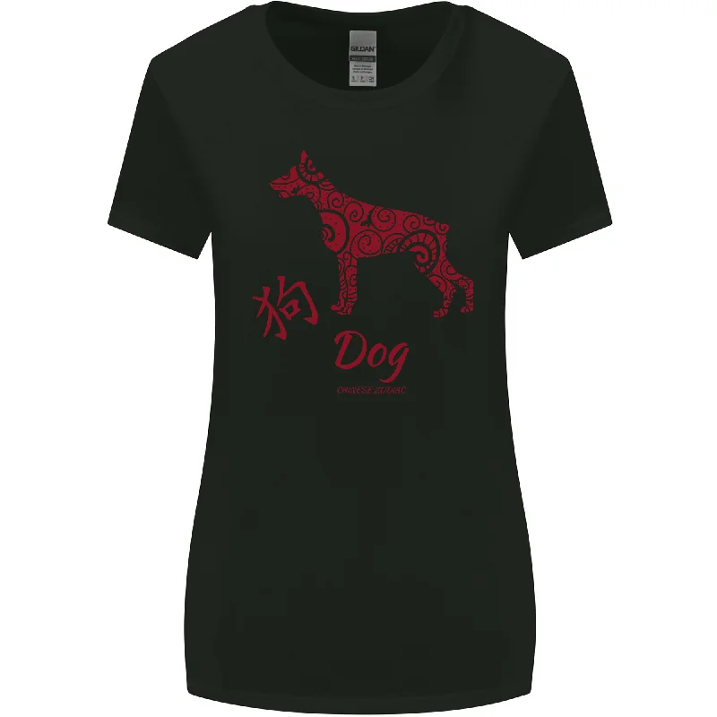 Chinese Zodiac Shengxiao Year of the Dog Womens Wider Cut T-Shirt Embroidered Appliqued Beaded