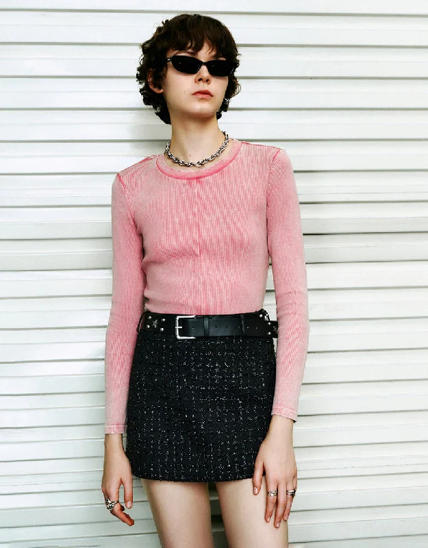Crew Neck Skinny Knitted T-Shirt Asymmetrical Pockets Print