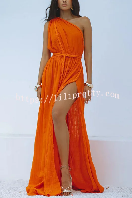 Lilipretty® Avani Linen Blend Draped Braids One Shoulder Slit Cover Up Maxi Dress Cozy Open-Back Maxi Dress