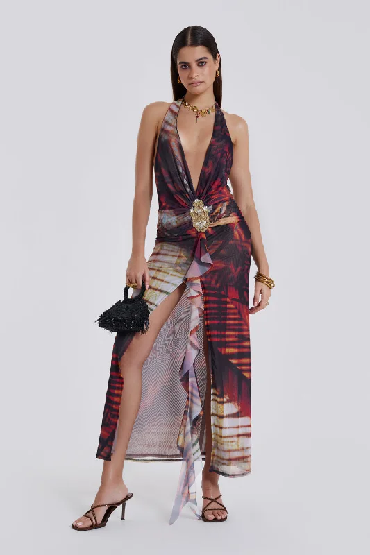 Cindy Plunge Maxi Dress In Red Elegant Maxi Dress with Ruffles