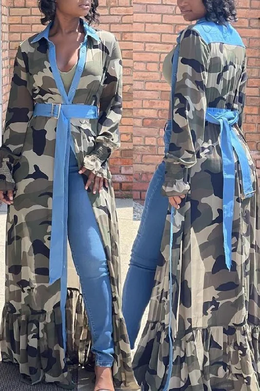 Camouflage Patchwork Shirt Collar Maxi Dress Cozy Maxi Dress with Slit