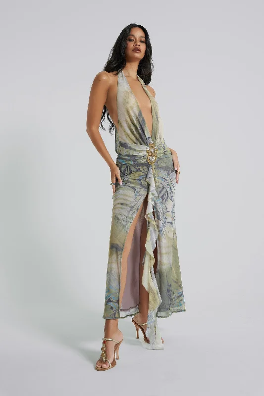 Cindy Plunge Maxi Dress In Green Elegant Maxi Dress with Drapes