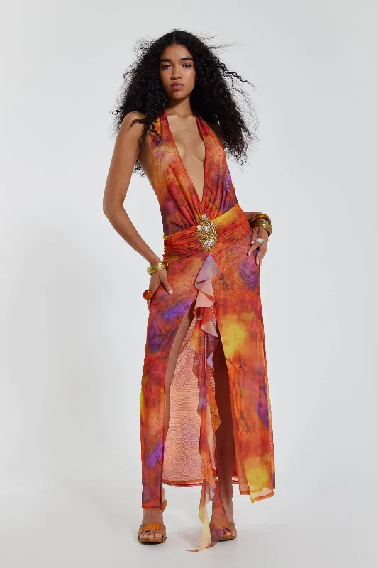 Cindy Plunge Maxi Dress In Orange Cozy Maxi Dress with Slit