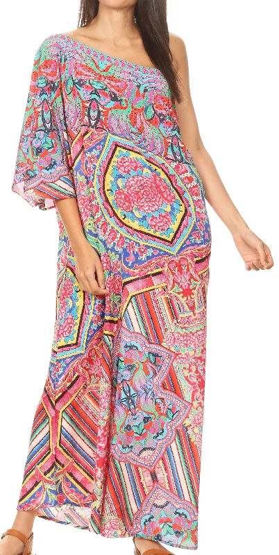Sakkas Dora Women's One Shoulder Short Sleeve Casual Elegant Maxi Dress with Print Elegant Maxi Dress with Drapes Sakkas Dora Women's One Shoulder Short Sleeve Casual Elegant Maxi Dress with Print Elegant Maxi Dress with Drapes