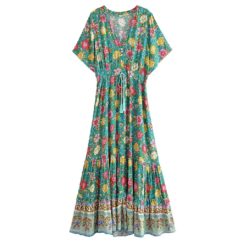 Eirlys Floral Boho Maxi Dress Comfortable Plunging Neckline Maxi Dress