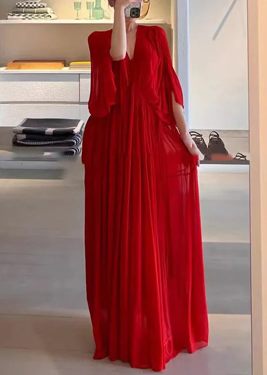 Elegant Red V Neck Wrinkled Solid Chiffon Maxi Dress Half Sleeve Trendy Ruffled Maxi Dress