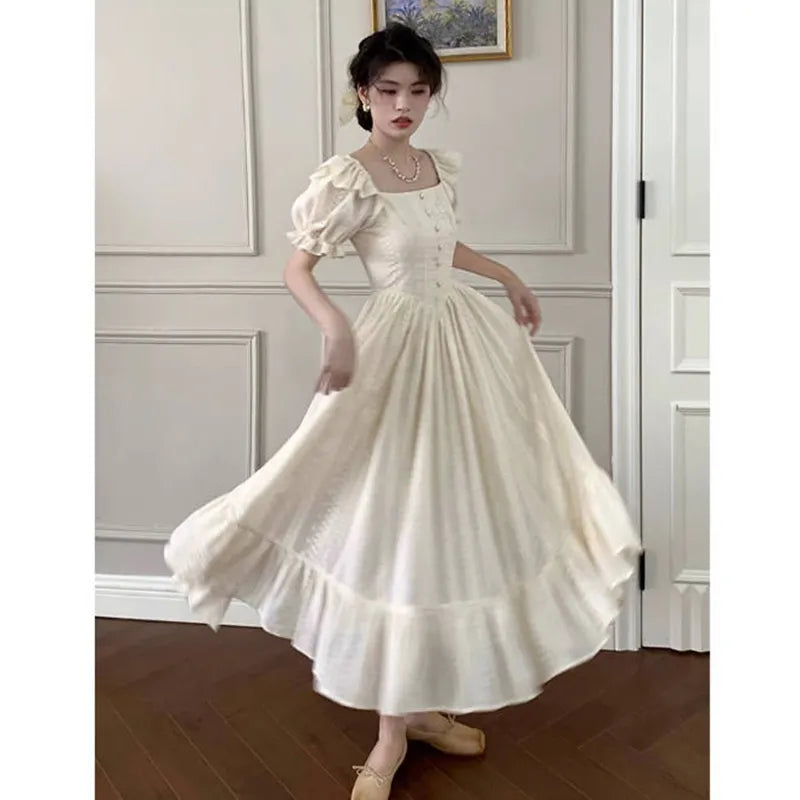 Elegant Square Collar White Dress Summer Fashion Puff Sleeve Ruffle Dress for Women 2024 Chic Vintage Maxi Dresses 2024  New Stylish Off-Shoulder Maxi Dress
