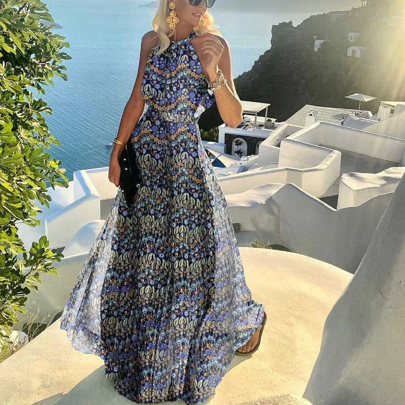 Zjkrl - Fashion Sexy Halter Print Pleated Long Dress Women Sweet O Neck Beach Maxi Dress Stylish V-Neck Maxi Dress Zjkrl - Fashion Sexy Halter Print Pleated Long Dress Women Sweet O Neck Beach Maxi Dress Stylish V-Neck Maxi Dress
