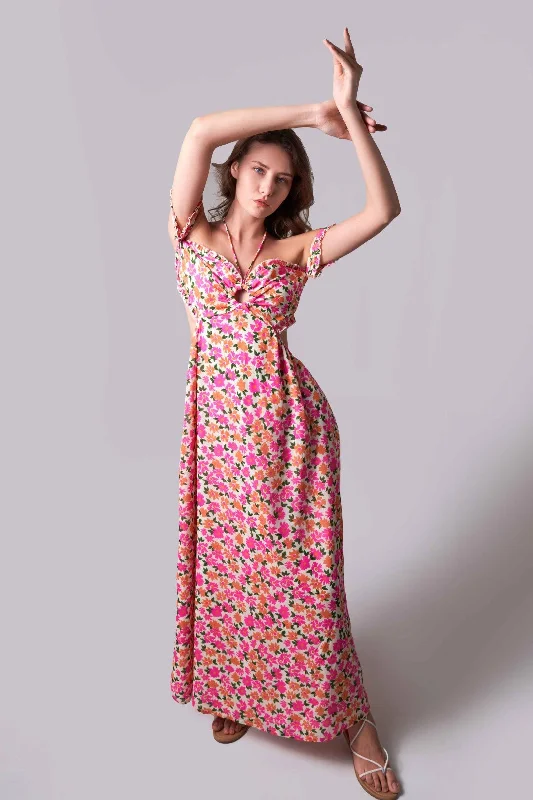 FLORAL CUT-OUT DETAIL MAXI DRESS Trendy Button Front Maxi Dress
