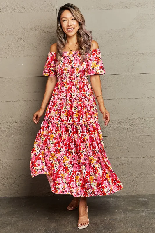 Floral Off-Shoulder Frill Trim Maxi Dress Comfortable Maxi Dress with Sleeves