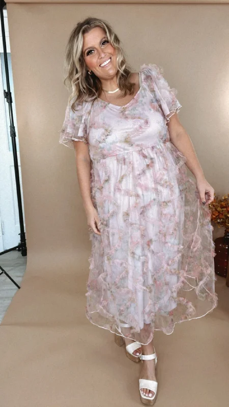 Floral Tulle Maxi Dress, Pink Chic Boho Print Maxi Dress