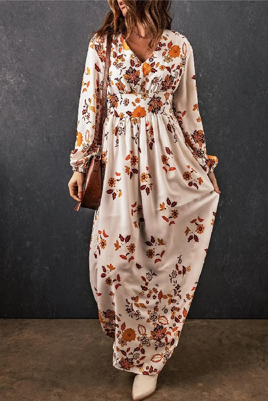 Floral V-Neck Long Sleeve Maxi Dress Trendy Floral Print Maxi Dress