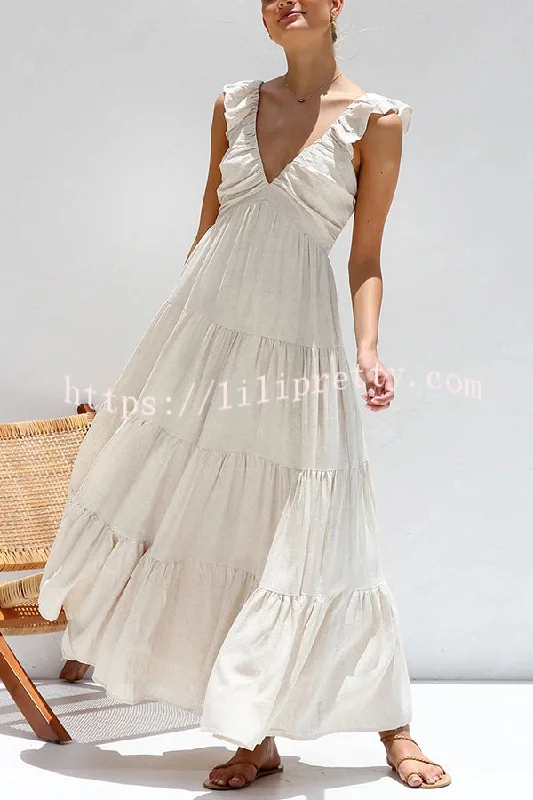 Hawaiian Brunch Linen Blend Back Smocked Tiered Vacation Maxi Dress Comfortable Maxi Dress with Belt