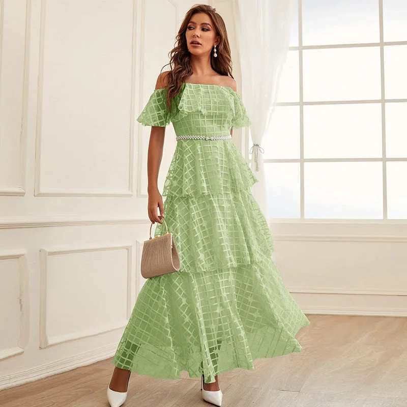 High Waist Off Neck Slim Maxi Dress Comfortable Ruffle Hem Maxi Dress