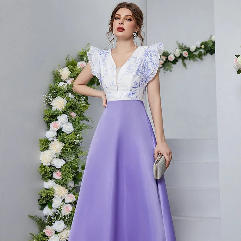 High Waist V Neck Petal Sleeve Printed Maxi Dress Stylish Long Sleeve Maxi Dress