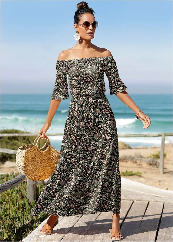 Off-The-Shoulder Maxi Dress - Black Floral Fashionable Chiffon Tiered Maxi Dress