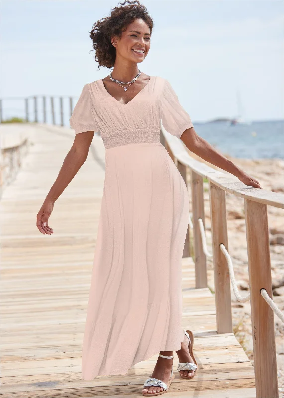 Smocked-Waist Maxi Dress - Blush Trendy Maxi Dress with Belt