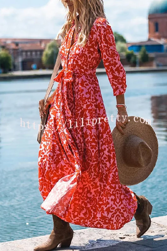 Lapel Slit Floral Print Lace Up Button Maxi Dress Classic A-Line Maxi Dress