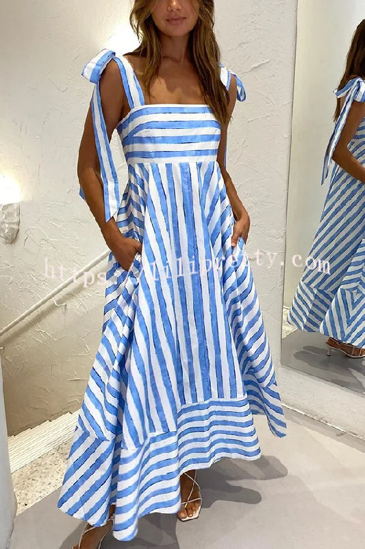 Lilipretty® Treasured Times Stripe Print Tie-up Shoulder Pocketed A-line Maxi Dress Stylish Off-Shoulder Maxi Dress Lilipretty® Treasured Times Stripe Print Tie-up Shoulder Pocketed A-line Maxi Dress Stylish Off-Shoulder Maxi Dress