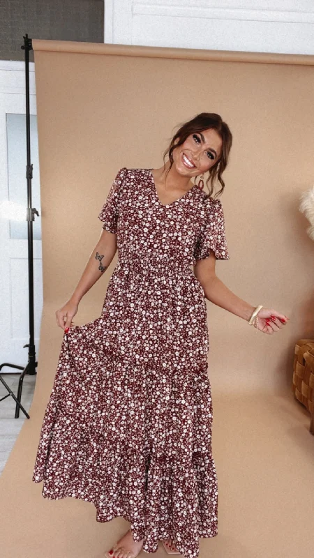 ECB Exclusive: Many Moments Floral Maxi Dress, Wine Elegant Boho Maxi Dress